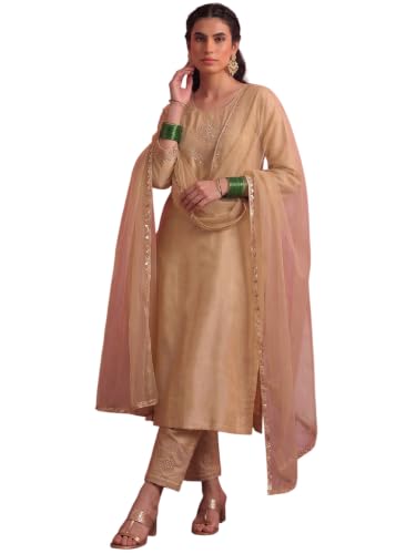 Varanga beige embroidered Chanderi kurta set with straight pants and organza dupatta.