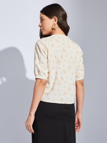 Latin Quarters Women Beige V-Neck Half Sleeves Printed Shirt Blouse for Casual Wear_XL