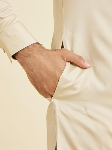 Manyavar Men's Cotton Solid Kurta Set (Natural,S)