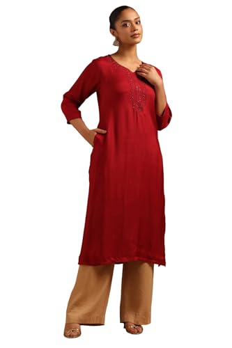 Soch Womens Maroon Muslin Embroidered Kurta with Machine Embroidery and Bead Details