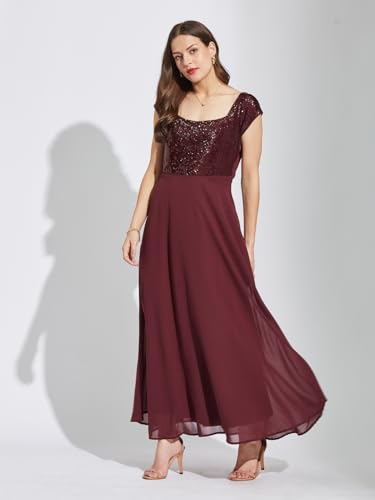 Latin Quarters Women Maroon Square Neck Cap Sleeves Solid Maxi Fit & Flare Dress XL
