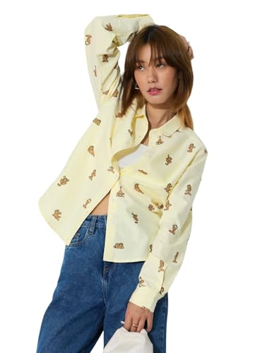 The Souled Store Garfield: Poses Women and Girls Long Sleeves Spread Collar Light Yellow Embroidered Cotton Relaxed Fit Lightweight All-Season Comfortable Stylish Everyday Shirt