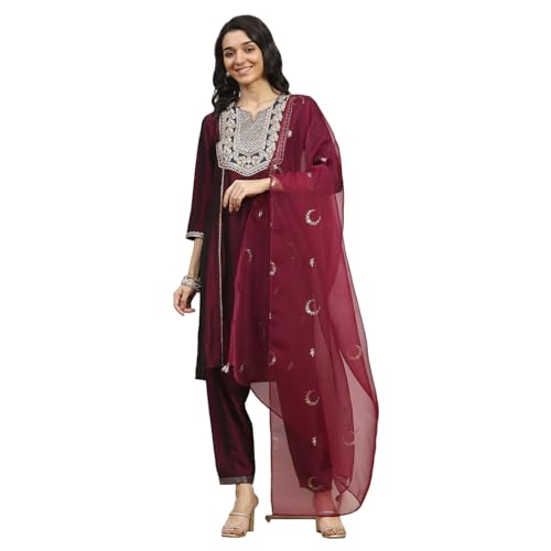 Rangriti Women Wine Polyester Blend Solid Straight Kurta Set_38