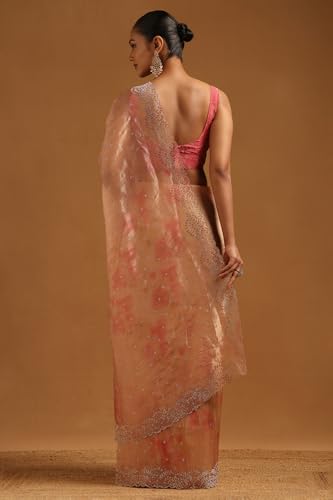 Soch Womens Peach Fendy Organza Embellished Saree With Stone Work