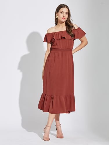 Latin Quarters Women Rust Square Neck Cap Sleeves Solid Below Knee A-Line Dress for Casual Wear_M