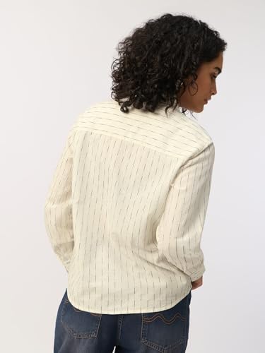 The Souled Store Stripe Shirt: Marina Women and Girls Full Length Spread Collar Off-White and Blue Striped Cotton Relaxed Fit Breathable Lightweight Everyday All-Season Shirt