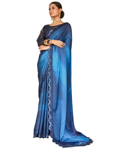 Zeel Clothing Women's Navy Blue Embellished Embroidered Satin Saree with Blouse (ZURI-1102-Navy-Blue-Sarees-For-Womens, Navy Blue)