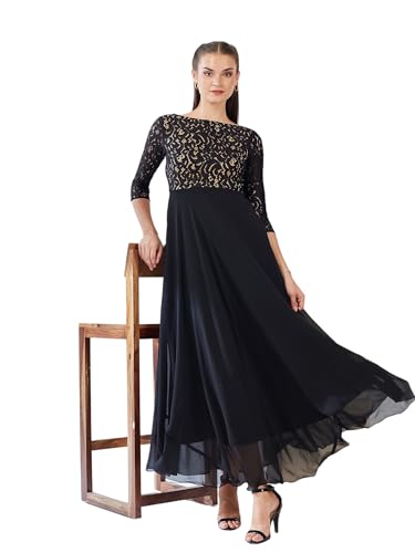Miss Chase Women'sSelf Design Boat Neck 3/4 Sleeves Side Pocketed Georgette Fit and Flare Maxi Length Dress (MCAW25D85-90-62-06, Black, XL)
