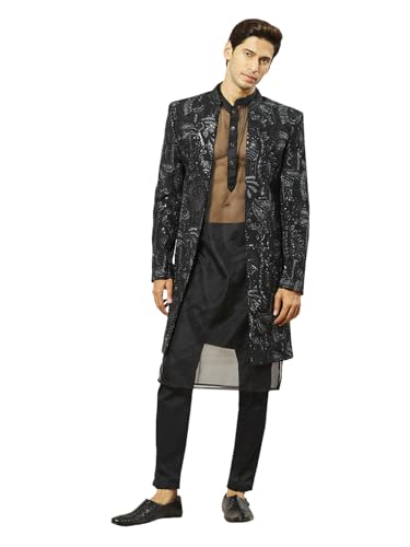 VASTRAMAY Men's Black Organza Indo Western, Kurta, Pant Set, Allover Embroidered Sherwani,Kurta And Pyjama Set For Men's, Traditional Indian Wear for Weddings & Festivals