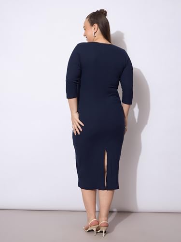 Navy Rib Round Neck Midi Dress