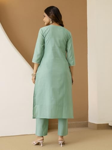 TRENDMALLS Women's Cotton Silk Embroidery Work Kurta Pant Set with Dupatta (G399-LightGreen-M-)