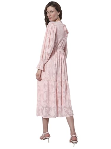 VERO MODA Women Self Design Pink Polyester Midi Length A-Line Dress
