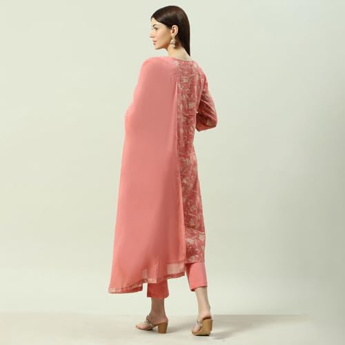 Biba Women Blush Pink Printed Straight Kurta Regular Pants Suit Set_46