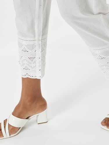 Max Women Embroidered Hem Straight Pants (White_XL)