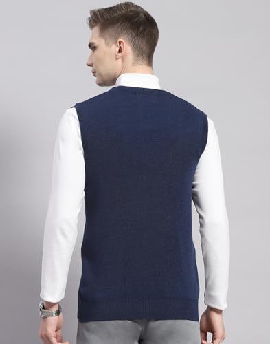 Monte Carlo Mens Blue Solid V Neck Sleeveless Wool Casual Sweater | Warm Woolen Pullover for Men | Soft Comfortable Knitted Winter Wear Sweater for Men's