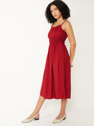 Max Women Solid A-line Midi Dress (Red_XL)