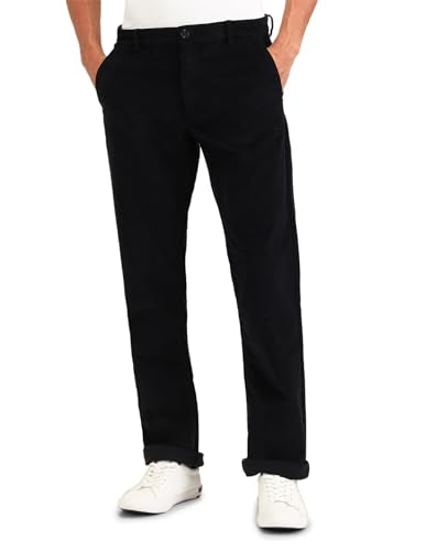 U.S. POLO ASSN. Mens Solid Black Mid Rise Cotton Button Classic Flat Front Slant Pocket Casual Pants (USTRO1785S_Black_)