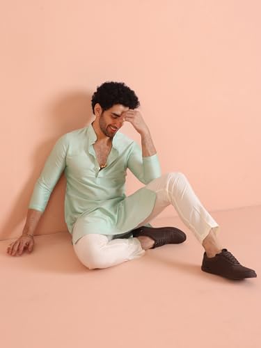 KISAH Men's Kurta Trouser Set, Green Silk Blend, Solid Regular Fit Mandarin Collar Long Sleeves, 44