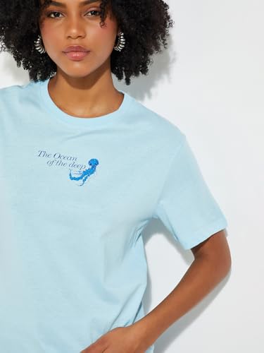 Max URB_N Women Printed Relaxed Fit T-Shirt (Blue_L)