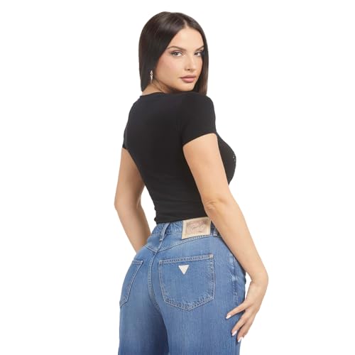 GUESS Women Black Embellished Round Neck Short Sleeves T-Shirt