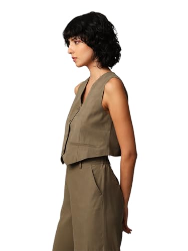 ONLY Women Solid Regular Fit Casual Olive Waistcoat