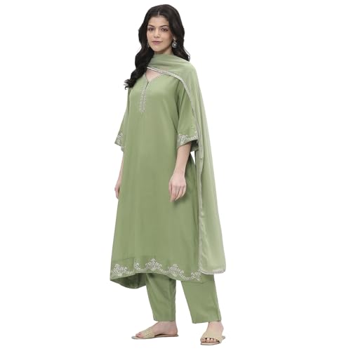 Biba women Olive Green Viscose Rayon A-line Kurta Set_46