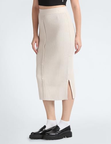 Calvin Klein Women Embroidered Slim Beige Skirt (M) - J219981ACF
