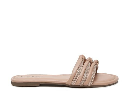 LOUIS STITCH Women's Fashion Flat Slip On Sandals | Open Toe Nude Stylish Flat Sandal for Ladies, Comfortable All day Wear Slipper | LSOF-LDSL-GLTSNU | (UK-6)