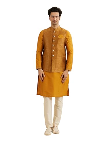 Manyavar Men's Brocade Regal Embroidered Kurta Jacket Set (Mustard,XL)