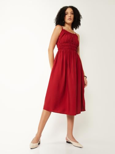 Max Women Solid A-line Midi Dress (Red_XL)