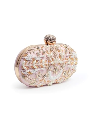 THE TAN CLAN Elizah Zarozi Hand Embroidered Clutches for Women Purses Luxury Evening Handbags for Ladies, Pink