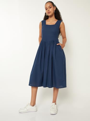 Max Women Solid Fit & Flared Dress (Blue_S)