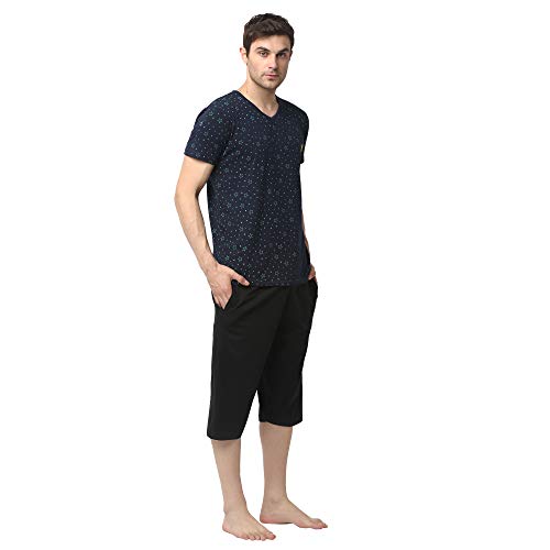 Mack JONNEY Cotton Blend Night Suit Co-ord Set for Men with V-Neck Half Sleeve T-Shirt and Capri-V_P1NVY_D13_BLK_02-XL