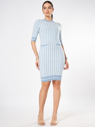 Annabelle by Pantaloons Women's 60% Viscose, 28% Nylon, 12% PBT Classic Knee Length Dress (110151977004_Blue Fog