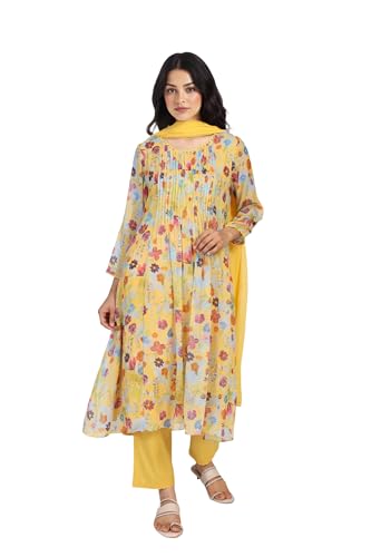 W for Woman Floral Printed Lace Trim Flared Chiffon Kurta with Pant and Dupatta Set - Yellow (WS12923-125894-M)