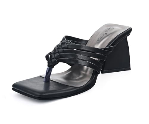LOUIS STITCH Women’s Fashion Black Slip-On Block Heel Sandals | Weaved T-Strap Stylish Heel Sandal for Ladies, Fashionable and Comfortable Sandal| LDBH-WESTJB | UK-6