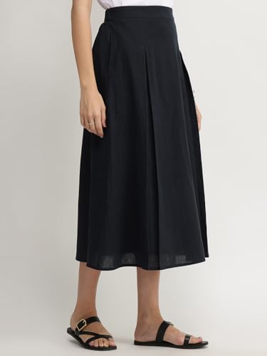 Pink Fort Linen Blend Solid Flared Skirt - Black
