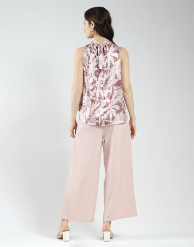Monte Carlo Women Printed Co-ord Set | Regular Fit | Sleeveless Top | Band Neck | Elastic Waist | Wide Leg Pant | Casual Loungewear Set for Women's Pink L (Pack of 1)