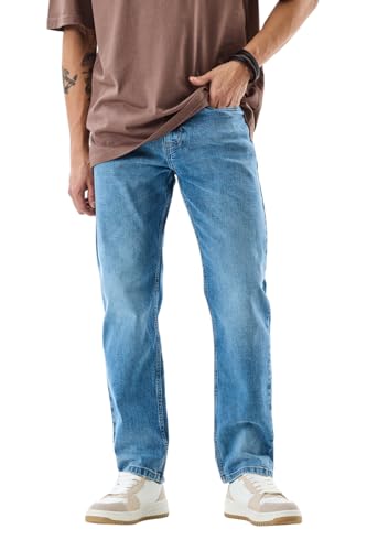 SNITCH Men Blue Casual Jeans | Comfort Fit Mid Rise Straight Leg | Durable Cotton Blend with Medium Stretch & Smooth Texture | Perfect for Everyday Wear
