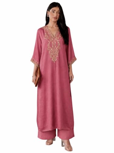 Varanga Women Kaftan Kurta Trousers Set V Neck Short Sleeves Silk Blend