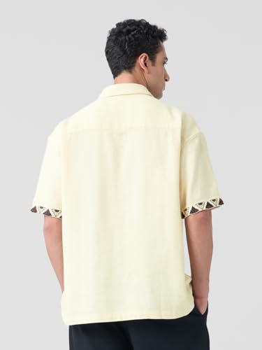 The Souled Store Oversized Shirt: Scenic Men and Boys Short Sleeves Collared Neck Button Front Off White Embroidered Cotton Oversized Shirts