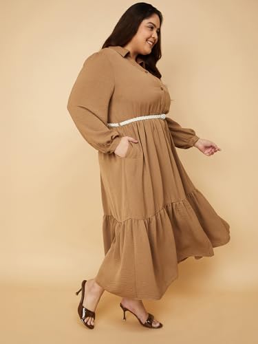Max Women Textured A-line Tiered Shirt Dress with Belt (Beige_3XL)