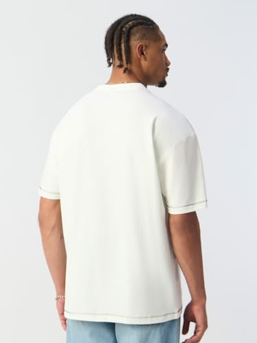 The Souled Store The Happy Pawdcast: Love Men and Boys Short Sleeves Round Neck Off White Graphic Printed Casual Lightweight Drop Shoulder Streetwear Trendy Oversized T-Shirts
