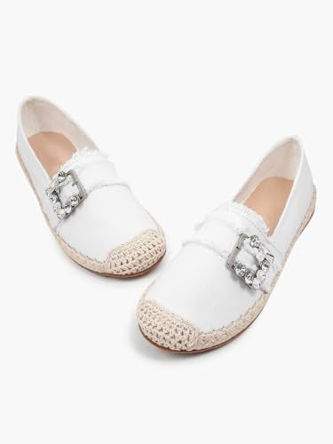 KLAUR MELBOURNE Women’s Denim-Style Espadrille Flats – Casual Slip-On Loafers with Rhinestone Buckle Edge Detail White