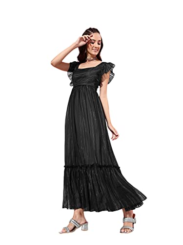 Miss Chase Women's Black Square Neck Layered Ruffles Sleeve Floral Patterned Tiered Georgette Maxi Dress (MCAW22D16-27-62-02, Black, XS)