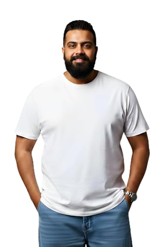 BRATMAZ Men's Plus Size Cotton T-Shirt, White, Crew Neck, Half Sleeve, Bio Washed, Casual Fit, Lightweight Summer Tee (in, Alpha, 5XL, Plus)