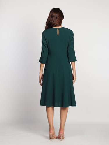 Zink London Women's Dark Green Solid A-Line Midi Dress - SaumyasStore