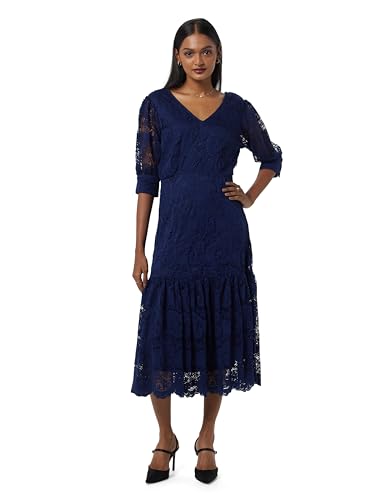 Styli Women's Navy Blue Puff Sleeves Lace Insert A-Line Midi Dress