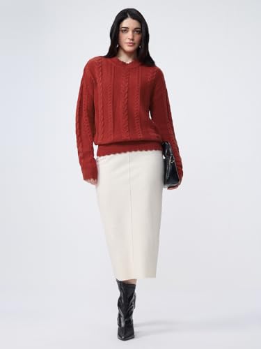 The Souled Store Cable-Knit Sweater: Flame Women and Girls Full Sleeves Round Neck Acrylic Ribbed Hem Lightweight Drop Shoulder Streetwear Trendy Casual Oversized Sweater