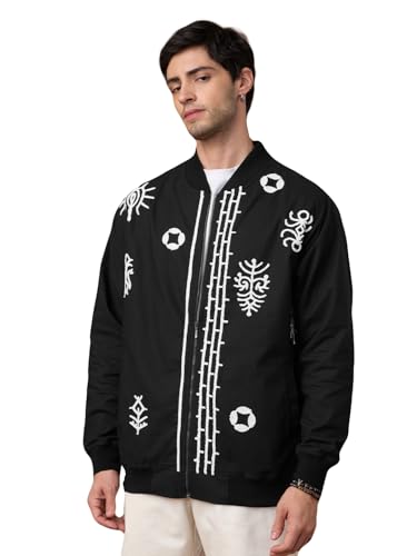 The Souled Store Linen Jacket: Aztec Men and Boys Full Sleeves Band Collar Black Embroidered Cotton Linen Oversized Fit Lightweight Everyday Bomber Jacket